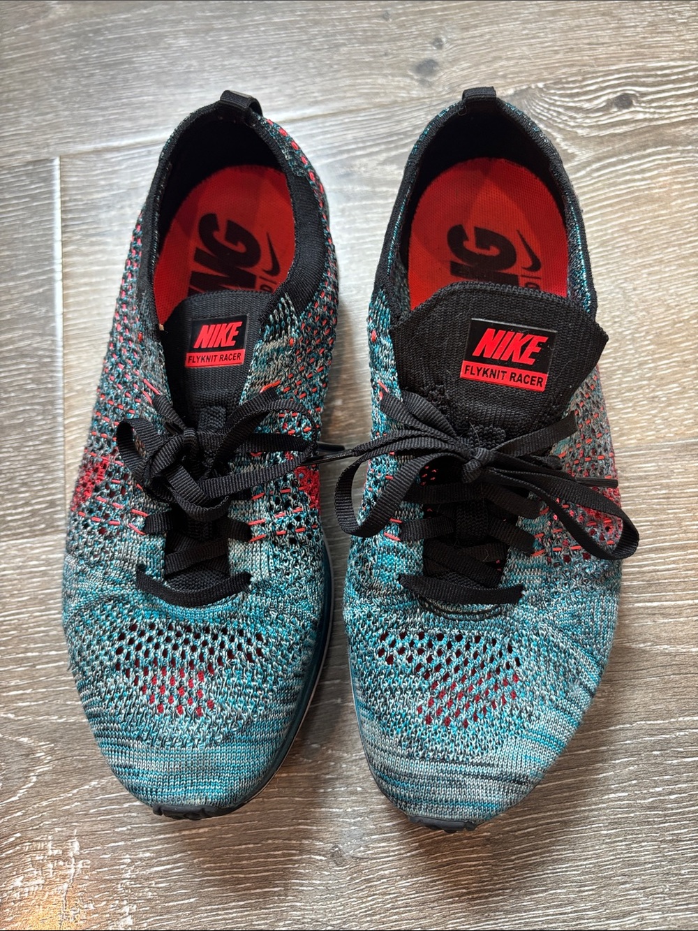 Nike Flyknit Racer Sneakers — Teal, Red & Black